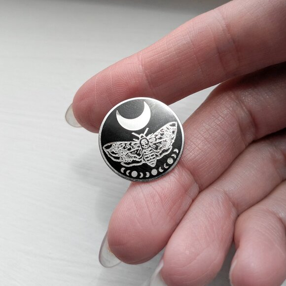 Historia Occulta Jewelry - Death's Head Moth and Moon Phases Black and Silver Enamel Pin - Witchy, Goth